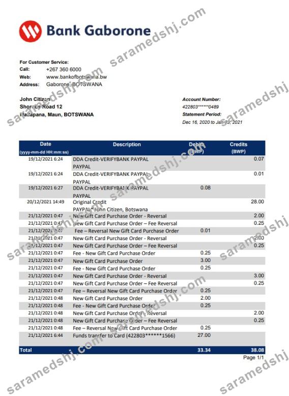 Botswana Bank Gaborone bank statement template in Excel and PDF format
